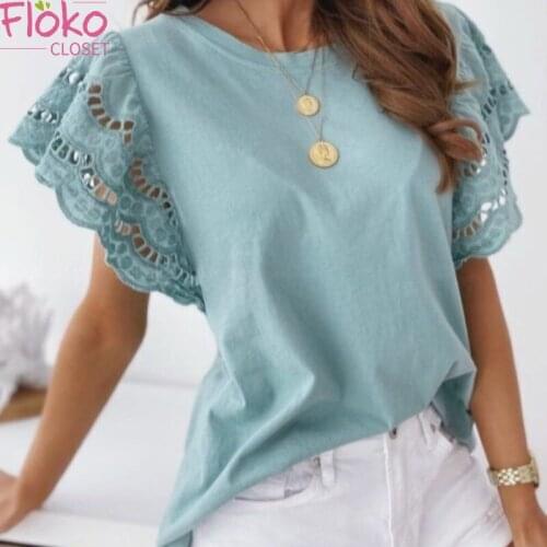 Flokocloset Lace Stitching Short Sleeve O-Neck T-shirt Summer Solid Color Flare Sleeve Women Tees Tops