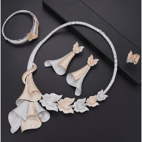 LARRAURI 4PCS Deluxe Cubic Zirconia Women Jewelry Sets Collar Earrings Bangle Resizable Ring Statement Wedding Bride Accessories