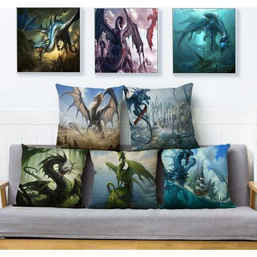 Cartoon Animal Dragon Pattern Linen Cushion Cover 45*45cm Car Pillow Case Sofa Living Room Printed Pillowcases
