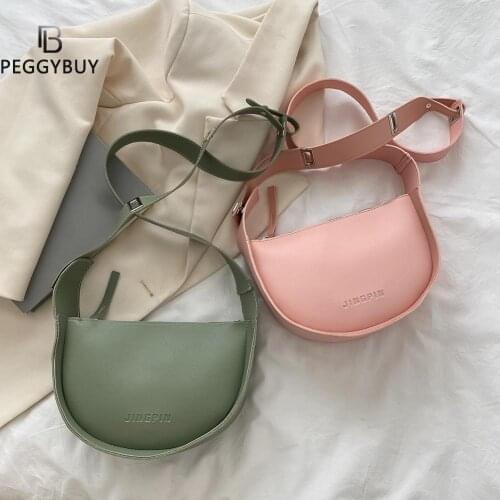 Fashion Women PU Leather Solid Color Saddle Crossbody Shoulder Messenger Bag Casual Ladies Semicircle Small Handbags Purse