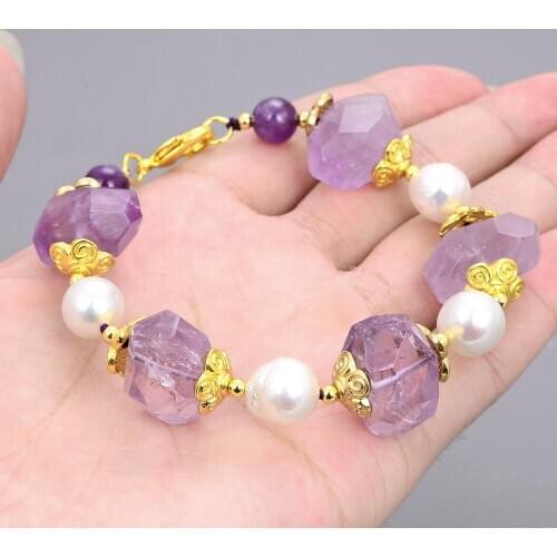 Natural Stone 8'' Round White Pearl PurpleAmethyst Faceted Round Bracelet