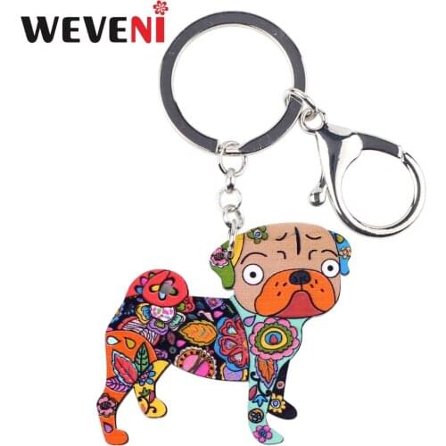 WEVENI Original Acrylic Pug Dog Key Chain Key Ring Pendant Charm Car Pendant Statement Hot Trendy Animal Jewelry For Women