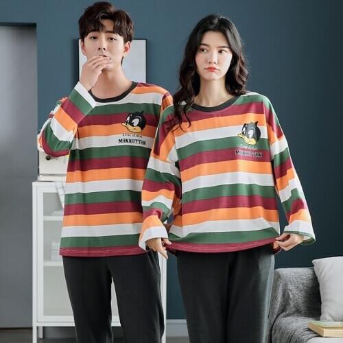 CAIYIER 2020 Cute Colorful Stripe Print Couple Pajama Set Cotton Women & Men Loves Sleepwear Winter Soft Lovely Casual Loungwear