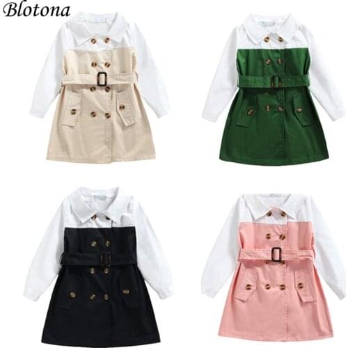 Blotona Little Girls Casual Long Sleeve Dress Fashion Color-block Double Breasted A-line Dress with Waist Belt, 2-7Years