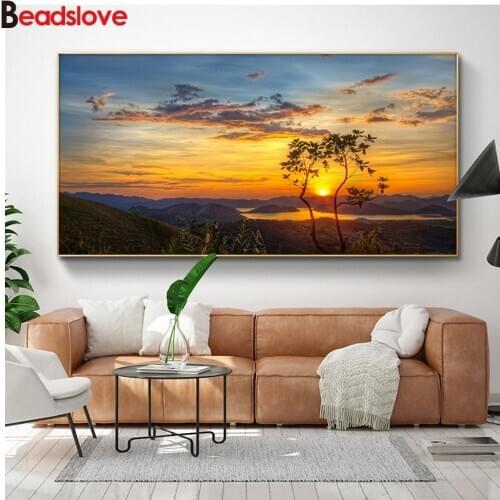 Nature Sunset Lake Tree Landscape mosaic diamond embroidery beads DIY 5D Full round diamond mosaic sale large size wall decor