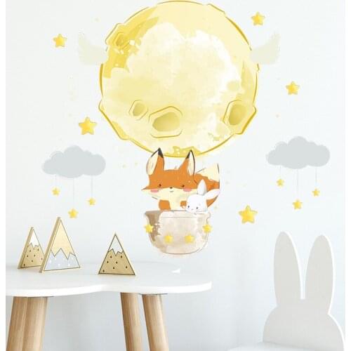 Fox Bunny Planet Clouds Stars Self-Adhesive Childrens Wall Stickers Bedroom Entrance Wall Wallpaper