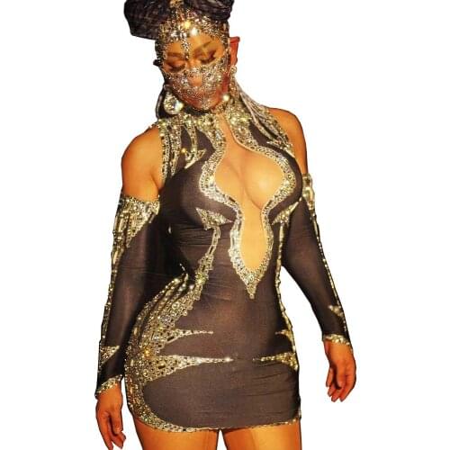 Neck-Mounted Rhinestones Tights Mini Dress Sexy Costume Nightclub Dance Show Wear Theatrical Costume For Women