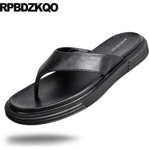 Fashion designer slides 2019 soft slippers black beach men sandals leather summer famous brand genuine flip flop slip on shoes
