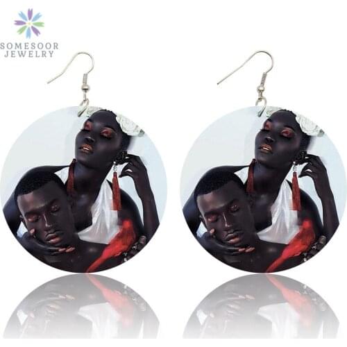 SOMESOOR Printed Black Dangle Portrait Wood Earrings Afrocentric Ethnic Natural Hair Ear Jewelry African American Women Gifts