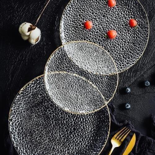 Gold rim glass dinner plate Relief pattern transparent Dessert cake plate Western dish steak tray fruit plate kichen dinnerware