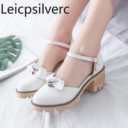 Pumps Spring and autumn Fashion butterfly Knot Round head Shallow mouth Buckle Thick heel mid heel Womens shoe plus size 33-43