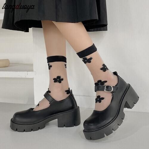 2020 New Black High Heels Shoes Women Pumps Ladies Leather Platform Shoes Patent Woman Round Toe Mary Jane Shoes Mujer Fashion