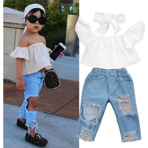 Little Girls Street Style 3 Pcs Clothing Set Toddler Girls Kids Off Shoulder Tops Ripped Jeans Denim Pants Outfits Clothes 1-6T