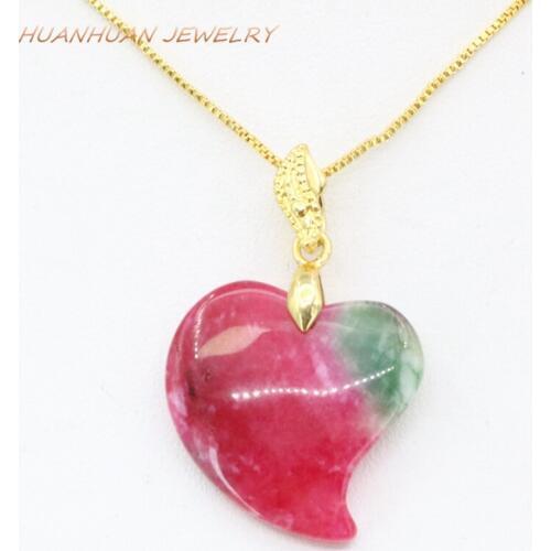 Vintage Style Red Heart Natural Stone Pendant Jades Women Stainless Steel Chain Necklace 22mm Pendants Chalcedony Jewelry B3351