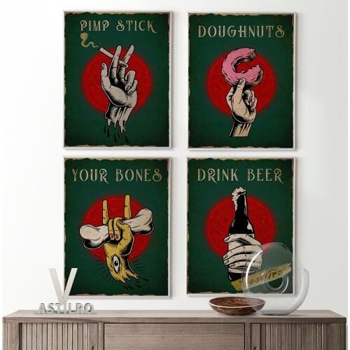 Vintage Gothic Style Blood Moon Pattern Poster Hand Gesture Model Illustration Home Decor Donut Smoke Beer Bone Wall Stickers