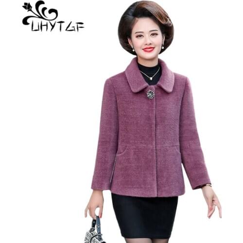 UHYTGF Quality mink cashmere autumn winter wool coat women elegant mom short jacket Korean loose 5XL plus size woolen coats 1404