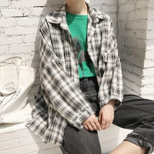 Summer and Autumn Plaid Shirt Womens Loose Shirt Retro Blusas Ropa De Mujer