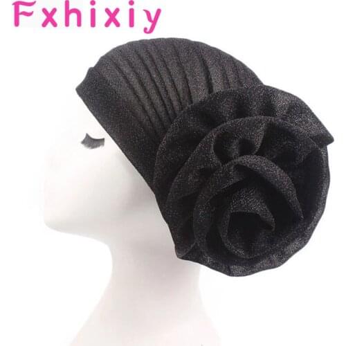 Elegant Big Flower Knotted Twist Turban Hat Summer Autumn Warm Muslim Head Scarf Female Shiny Glitter Indian Cap Head Wrap