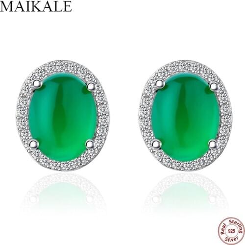 MAIKALE Luxury 925 Sterling Silver Stud Earring Zirconia CZ Green Gem Stone Round Small Earrings for Women Party Jewelry Gifts