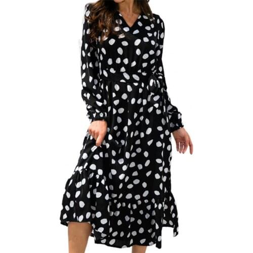 Dot Print Ruffle Large Hem Midi Dress for Women Elegant V Neck Puff Long Sleeve Autumn Dress Sundress Casual Ladies Vestido Robe