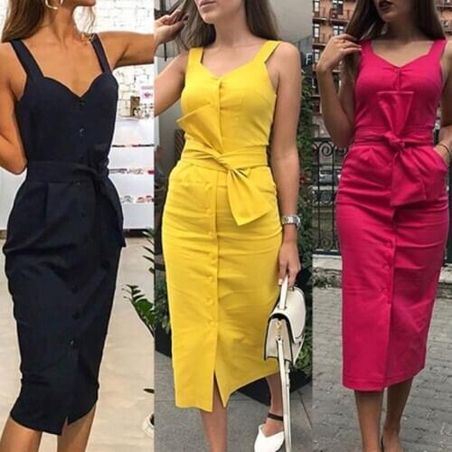 Women Dress Solid Sleeveless Vestidos V Neck Button Dress Holiday Beach Dress Party Night With Belt Dresses Vestidos Verano 2021