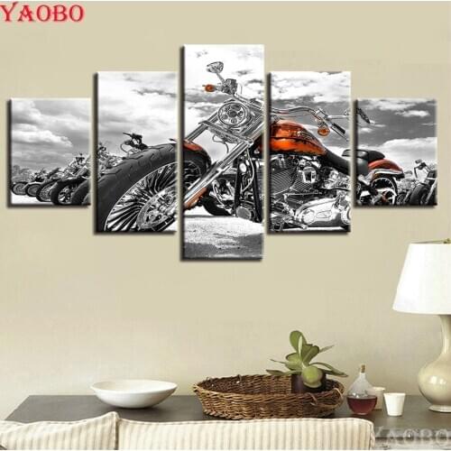 5D Full circle/square Diamond Painting 5 Pieces Motorcycle Black And White Art Embroidery Diamond Picture Of Rhinestone Decor