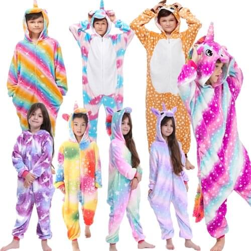 Flannel Animal Children Pajamas Set Winter Hooded Animal Unicorn Cartoon Kids Pajama for Girls Sleepwear Onesies