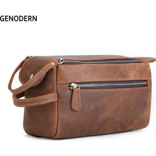GENODERN Genuine Leather Travel Cosmetic Case for Men Crazy Horse Leather Wash Bag Vintage Men Makeup Bag Handbag Toiletry Bag