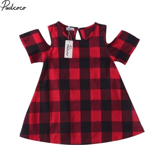 Helen115 Lovely Kids Baby Girl Clothes Plaid Off Shoulder Short Sleeve Dresses Outfits 1-6years