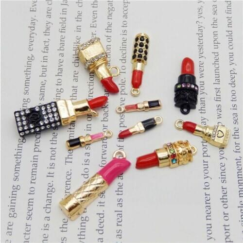Julie Wang 10PCS Mixed Enamel Lipstick Charms Rhinestones Alloy Gold Tone Necklace Bracelet Jewelry Making Accessory
