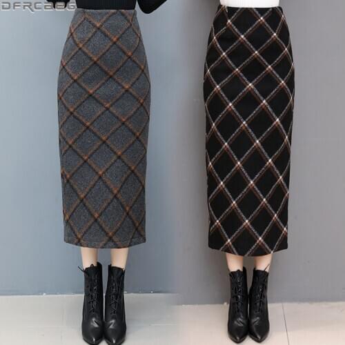 Plaid Wool Long Skirts For Women 2019 Winter Fashion Woolen Pencil Skirt High Waist Jupe Femme Elegant Thicken Warm Saia Longa