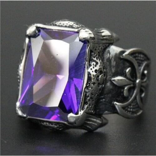 Size 7~13 Cool Polishing Purple Crystal Stone Ring 316L Stainless Steel Top Quality Biker Fantastic Mens Shinning Anchor Ring