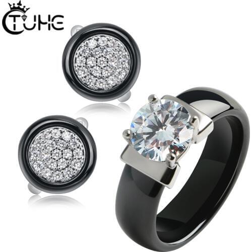 Fashion 2.0 Carat CZ Rhinestone Women Jewelry Sets for Female 6mm Smooth Black White Ceramic Rings Stud Earrings Wedding Gift