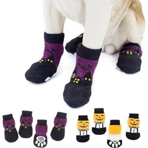 Pet Dog Socks Anti-Slip Winter Pet Socks For Cat Dogs Knitted Pumpkin Bat Pattern Dog Halloween Socks Thick Warm Paw Protector
