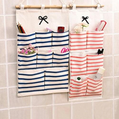 Multi-pockets Striped Wall Hanging Linen Cotton Storage Bag Bathroom Shelf Pouch Home Accessories
