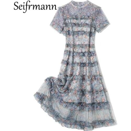 Seifrmann New 2021 Summer Women Fashion Designer Party Midi Dress Short Sleeve Gorgeous Ruffles High Waist Floral Print Dresses