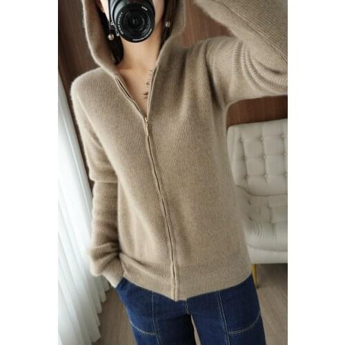 Zocept Spring Autumn Hooded Sweater Cardigans For Women Causal Loose Pure Wool Knitted Full Sleeve Zipper Jacket Female Cardigan