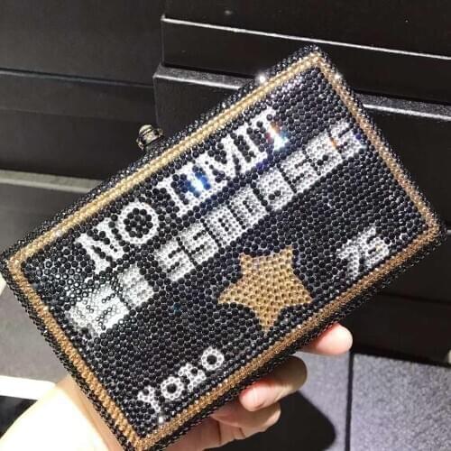 XI YUAN Metal black letter Bag Rhinestone Crystal Clutch Purse 100% Handmade Women Evening Clutches Shoulder Messenger Handbag