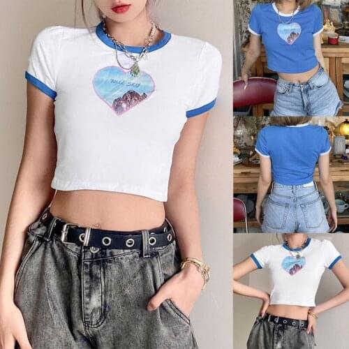 Womens Slim Fit Fashion Love Print Round Neck Curl Short Sleeve T-Shirt