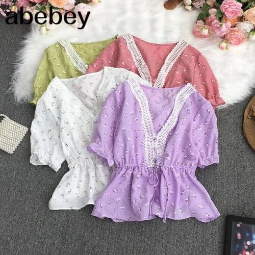 2021 New Summer Temperament All-match V-neck short sleeve Shirt drawstring lace up waist slim floral Shirt Top