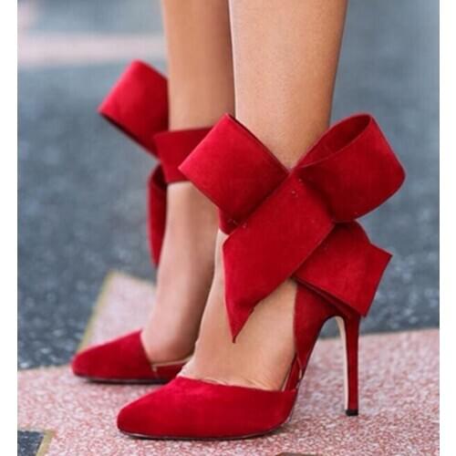 Women High Heels Pointed Toe Dress Shoes Oversized Bow Tip Pumps Elegant Bowtie Knot Wedding Party Shoes Zapatos De Mujer W21-72