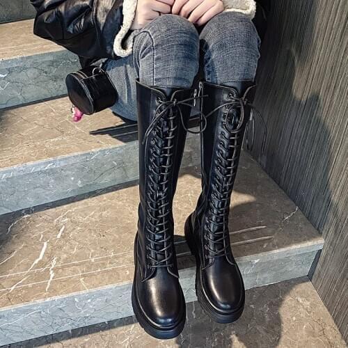 2020 New Winter Thick-soled Boot Sslim Cotton Warm Lace-up Beige High Boots For Women Fashion Female Platform Leather Shoes