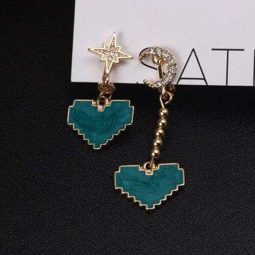 Geometric Heart Clip Earrings Moon Star Stud Asymmetrical Dangle Chain With Love Pendant Clip On Earings Retro Gift For Women