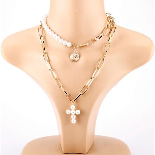 Double Layer Lock Chain Carved Coin pearls Necklace Women Fashion Gold Imitation pearls Cross Pendant Long Necklace Jewelry