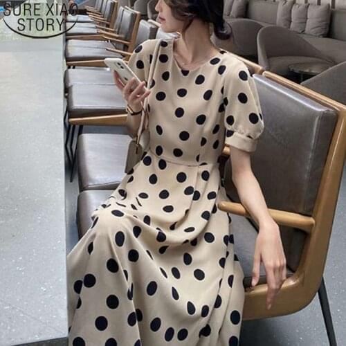 French Polka Dot Chiffon Dress Women Midi Long Dress 2021 Summer High Waist Plus Size Loose O-neck Short Sleeve Dresses 13832