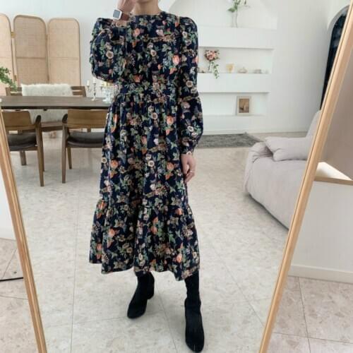 2021 New Women Spring Long Floral Dress Vintage Slim Waist Full Sleeve Ruffle Hem A-line Midi Dresses