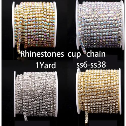 1yard ss6-ss38 AB rhinestones trims sparse/close cup chain gold/silver claw Sewing Craft DIY clothes jewelry making chain beads