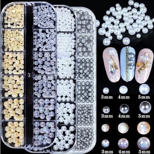 12 Grids/Box 3D Pearls Mix Sizes White AB Gray Champagne Semisphere Round ABS Nail Art Rhinestone Decorations Manicure DIY Tips