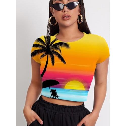 3d Tshirt Hawaii T-shirt Women Coconut Tree Funny T shirts Moon Navel Bare Landscape T-shirts 3d Short Sleeve T shirts New Style