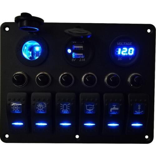 12V/24V Aluminum Plate 6 Gang Blue Rocker Switch Panel With 6 Circuit Breakers & Power Socket & Dual USB ports Charger Socket